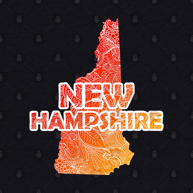 Colorful mandala art map of New Hampshire with text in red and orange by Happy Citizen